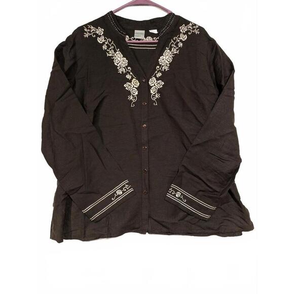Emma James Chic Embroidered Button-Down Top Blouse Black Womens 3XL 23W - Picture 1 of 8